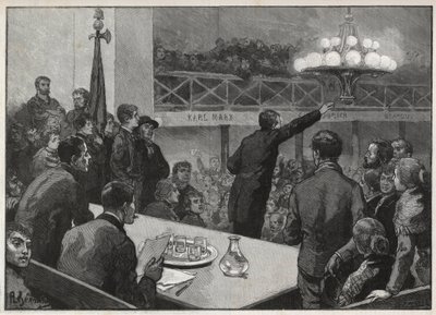 Setkání pro stávku u Vooruit v roce 1885 - rytina v roce 1885 „Le monde illustrious“ - kresba Gerardin od Auguste (after) Gerardin