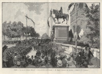 Paříž - - Projev pana Darlota během inaugurace 15. července 1888 v Hotel de Ville de Paris sochy Etienna Marcela - Gerardinova kresba v „The Illustrous World“ z roku 1888 od Auguste (after) Gerardin