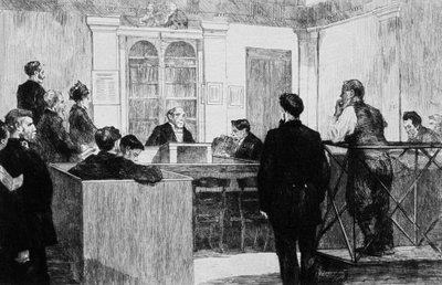 Policejní soudní síň na Bow Street v Londýně v roce 1884 (rytina) od Auguste Andre Lancon