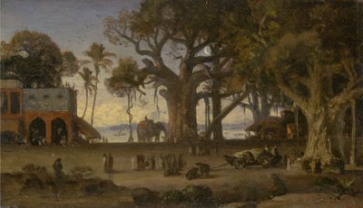 Měsíčná scéna indických postav a slonů mezi Banyan Trees, Horní Indie (pravděpodobně Lucknow) od Auguste Borget