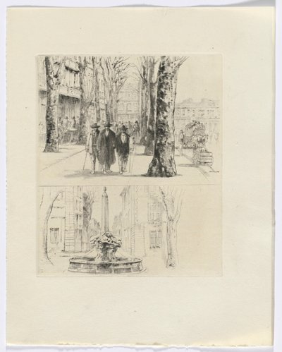 Frédéric Mistral: Mémoires et Recits by Frédéric Mistral: výjev z městské ulice/kašna (vložit za str. 120) od Auguste Brouet