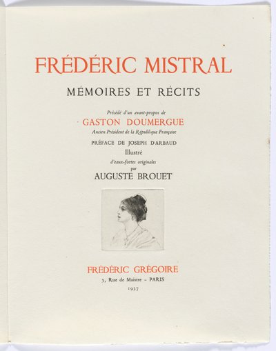 Frédéric Mistral: Mémoires et Recits, Frédéric Mistral: titulní list, busta ženy z profilu od Auguste Brouet