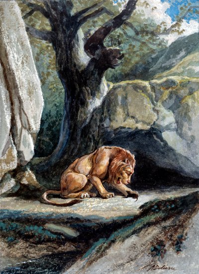 Ilustrace bajky „Lev a krysa““ od Jean de La Fontaine. Akvarel od Augusta Delierra (1829-c.1890) od Auguste Delierre