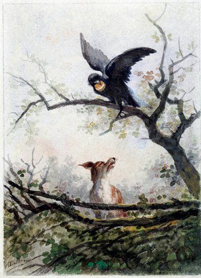 Liška a vrána. Ilustrace bajky Jean de La Fontaine (1621-1695) od Auguste Delierre