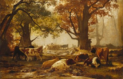 Dobytek v zalesněné říční krajině, od Auguste Francois Bonheur