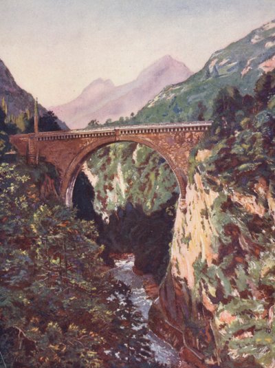 Francie: Pont Saint-Sauveur a Gave De Pau (barevná litografie) od Auguste Gerardin