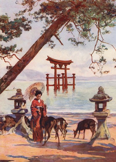 Torii na Mijadžimě, Japonsko (barevná litografie) od Auguste Gerardin
