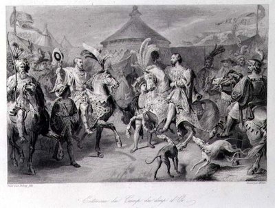 Setkání na poli zlatého plátna, 24. června 1520, vyryto Millinem (rytina) od Auguste Hyacinthe (after) Debay