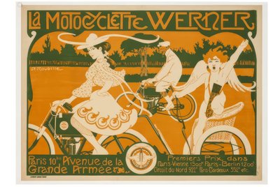 Motocykl Werner. Paříž, 10 Avenue de la Grande Armée. 1. místo v závodech Paříž-Vídeň 1500 km, Paříž-Berlín 1200 km. od Auguste Jean Baptiste Roubille