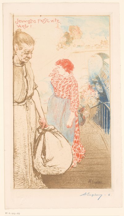 Pračky na schodišti podél Seiny Jeunesse passe vite vertu! (název na objektu) od Auguste Lepère (signed by artist)