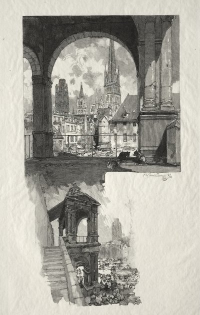 Ilustrovaný Rouen: prohlídka Place de la Haute Vieille; Edicule of Pride od Auguste Louis Lepère