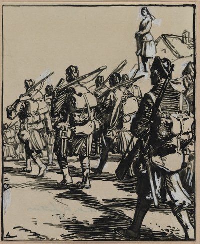 Bitva o hranice: Skupina britských vojáků od Auguste Louis Lepère