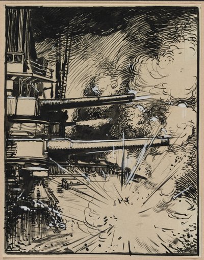 Bomba explodující na kyrysu s namířenými děly, 1914. od Auguste Louis Lepère