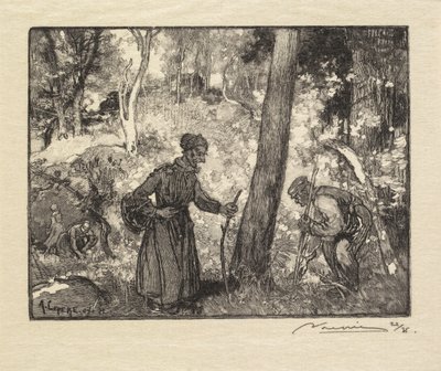 Les Fontainebleau: Lovci hub v Rocher Bernard La Forêt de Fontainebleau..., 1890. od Auguste Louis Lepère