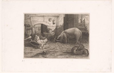Prase, slepice a králíci ve stodole od Auguste Numans (attributed to)