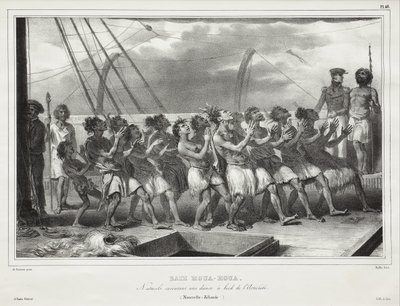 Zátoka Houa-Houa, domorodci předvádějící tanec na palubě lodi Astrolabe (Nový Zéland), [Uawa/Tolaga Bay, Natives Performing a Haka on Board the Astrolabe (New Zealand)] od Auguste Raffet