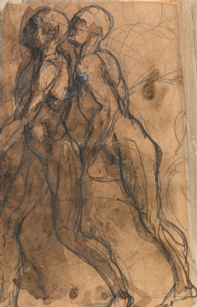 Odstíny se blíží k Dantovi a Virgilovi (grafit, pero a tmavá sépiová barva na lesklém papíře) od Auguste Rodin
