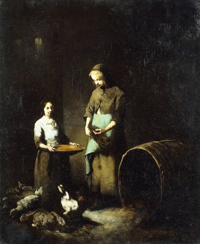 Mladé rolnické dívky krmící chlévská zvířata, od Auguste Theodule Ribot