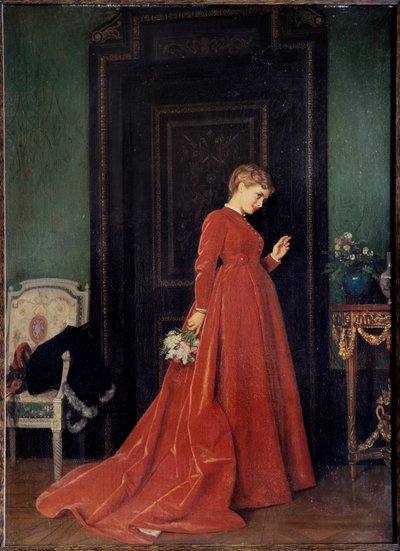 Příjezd. Elegantní žena v červených šatech se chystá zaklepat na dveře. V ruce drží kytici květin a její tvář vyjadřuje směs netrpělivosti, zvědavosti a pochybností. Obraz od Auguste Toulmouche (1829-1890). Olej na plátně. od Auguste Toulmouche