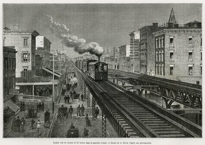 Dvojkolejná dráha Airline Railway na Seventh Avenue, New York, New York. Edouard de Laveleye, v letech 1878-1879, publikovaný v Tour du monde, pod vedením Edouarda Chartona (1807-1890) od Auguste Victor Deroy