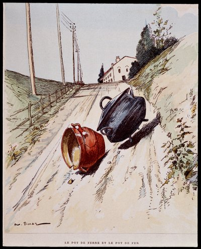 Hliněný hrnec a železný hrnec - v „“Les Fables de La Fontaine“, nemocný. od Auguste Vimara (1851-1916), Tours, v A, Mame & Son od Auguste Vimar