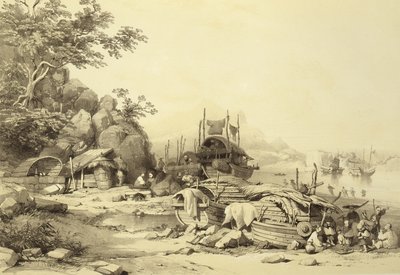 House Boats on the Bay of Cowloon, deska 6 ze Sketches of China, vyryla Eugene Ciceri (1813-90) 1842 (tónované litho) od Auguste after Borget