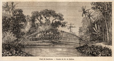 Bambusový most v džungli poblíž hory Salak. Kresba M. de Molins pro ilustraci jeho cesty na Jávu od Auguste de Molins