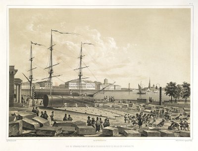 Vykládání dvou sloupů u admirality Z: Stavba katedrály svatého Izáka, 1845 od Auguste de Montferrand