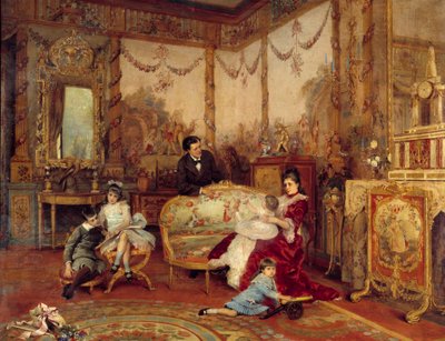 Viktoriánský Sardou (1831 - 1908), dramatik a jeho děti. Pohled z interiéru obývacího pokoje s krbem před krbem. Obraz Auguste La Brely (1838-1906) od Auguste de la Brely