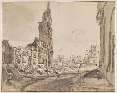 Pohled na severovýchodní a severozápadní rohy Grand Place po bombardování v roce 1695 od Augustin Coppens
