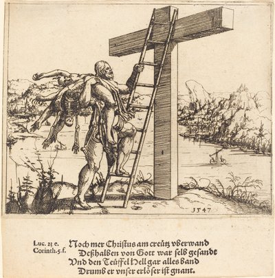 Kristus vystupuje na kříž s hříchem, smrtí a ďáblem, 1547. od Augustin Hirschvogel