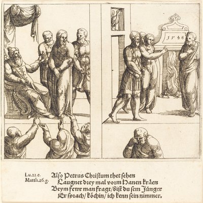 Kristus před Kaifášem a Petr zapírající Krista, 1548. od Augustin Hirschvogel