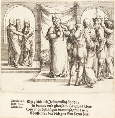 Kristus se posmívá a Kaifáš roztrhne své šaty, 1549. od Augustin Hirschvogel