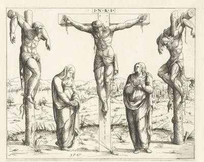 Kristus na kříži a Marie a Jan Ukřižování Shoda Starého a Nového zákona (název série) Concordants alt und news Testaments (název série) od Augustin Hirschvogel