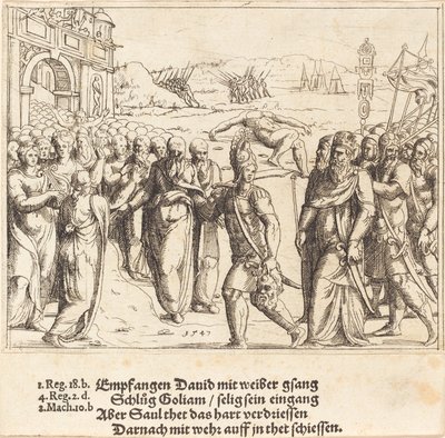 David je vítán po zabití Goliáše a Saulově žárlivosti, 1547. od Augustin Hirschvogel