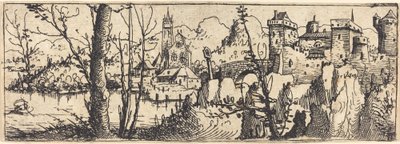 Krajina s hradem vpravo, obklopená skalami, 1546. od Augustin Hirschvogel