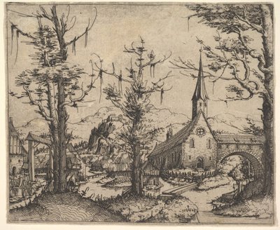 Krajina se čtyřmi stromy a kostelem vpravo, 1545. od Augustin Hirschvogel