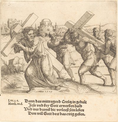 Člověk nese kříž po Kristu od Augustin Hirschvogel