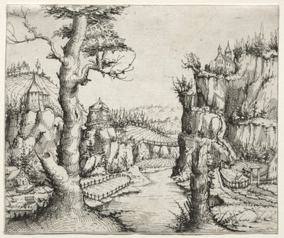 Říční krajina se skalami vlevo a vpravo, 1546. od Augustin Hirschvogel