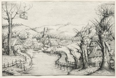 Říční krajina se třemi holými vrbami vpravo a dlouhým točitým dřevěným mostem..., 1546. od Augustin Hirschvogel