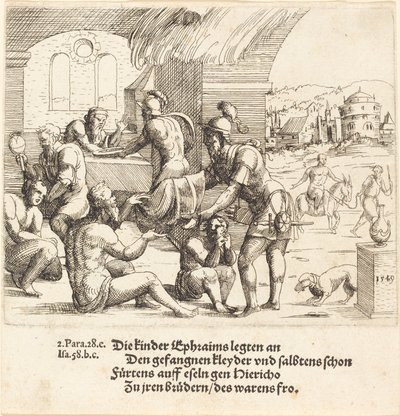 Muži z Efraima se starají o své zajatce a vracejí je do Jerica, 1549. od Augustin Hirschvogel