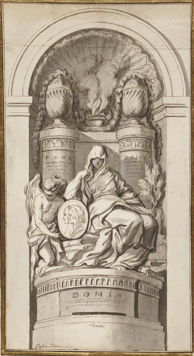 Studie pro pohřební památník, 1750 (černá křída, pero a hnědý inkoust, hnědé a šedé lazury, bílé zvýraznění na dvou spojených listech) od Augustin Pajou