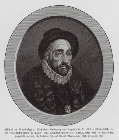 Michel de Montaigne, francouzský filozof (rytina) od Augustin de (after) Saint-Aubin