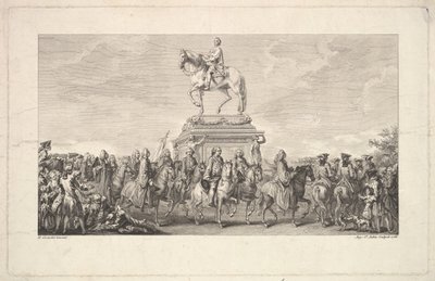 Inaugurace sochy Ludvíka XV., Viněta na straně 1, z Description des Trava..., 1766. od Augustin de Saint Aubin