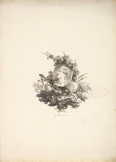 Viněta s hlavou Bakcha na Cornelianu, Tome I, strana 242, z Description de..., 1778-80. od Augustin de Saint Aubin