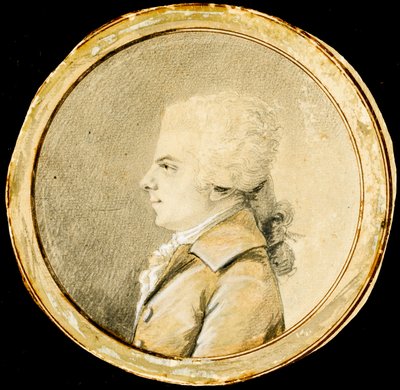 Wolfgang Amadeus Mozart - Augustin de Saint-Aubin (1736-1807). Sangvinik, černá křída a bílá barva na papíře, cca 1778. Rozměr : D 13,8 cm. Soukromá sbírka od Augustin de Saint Aubin