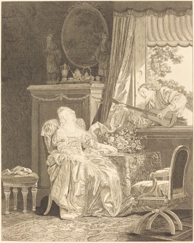 Španělská láska od Augustin de Saint Aubin and Noël Pruneau after Jean Baptiste Le Prince