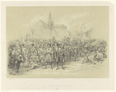 Rétorikové rozdávají letáky The Rederijkers 1500 (název na objektu) od Augustinus Jacobus Bernardus Wouters
