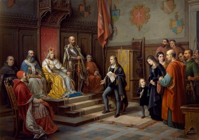 Fridrich III., který byl donucen k pochodu proti Turkům terstským básníkem Raffaelem Zovenzonim, obraz od Augusta Tominze (1818-1883) od Augusto Tominz