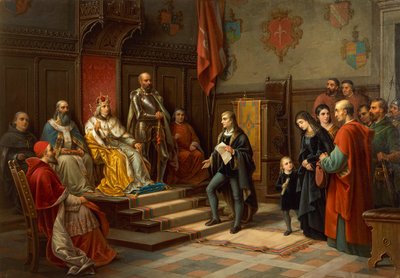 Fridrich III., který byl donucen k pochodu proti Turkům terstským básníkem Raffaelem Zovenzonim, Augustem Tominzem (1818-1883) od Augusto Tominz